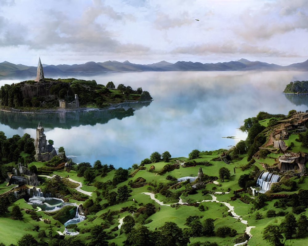 Fantasy landscape with castle, lush greenery, waterfalls, and mountains