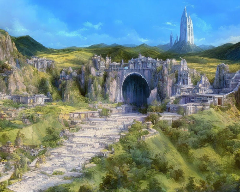 Majestic ancient city in fantastical landscape with rolling hills