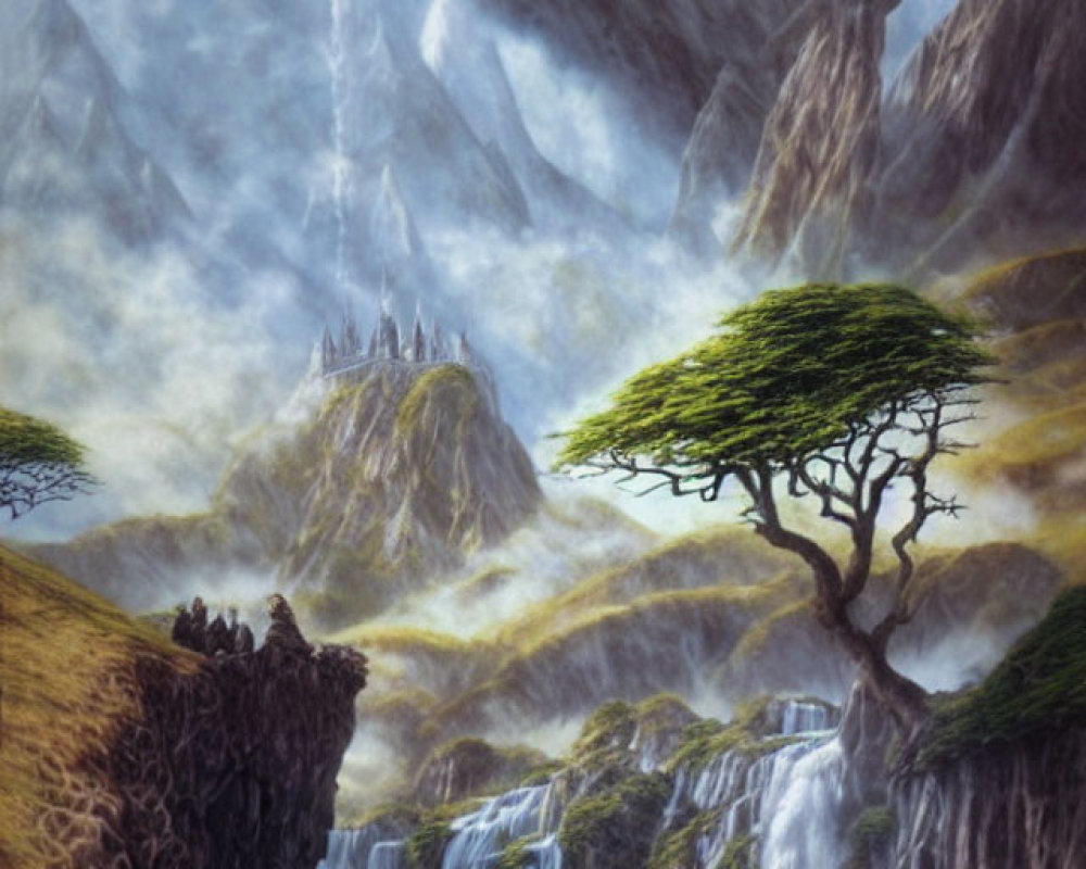 Mystical landscape with waterfalls, tree on precipice, and distant castle.