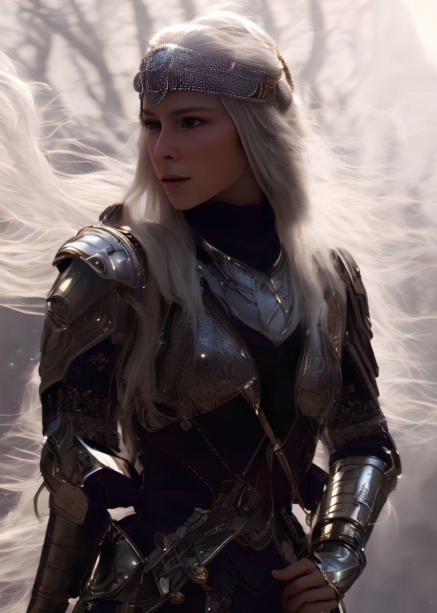 Silver-Haired Female Warrior in Shining Armor Stands with Intense Gaze