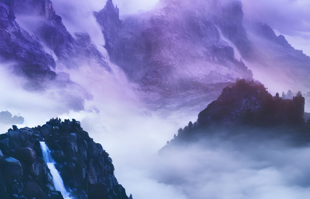 Mystical mountain landscape with purple-hued mist and waterfall.