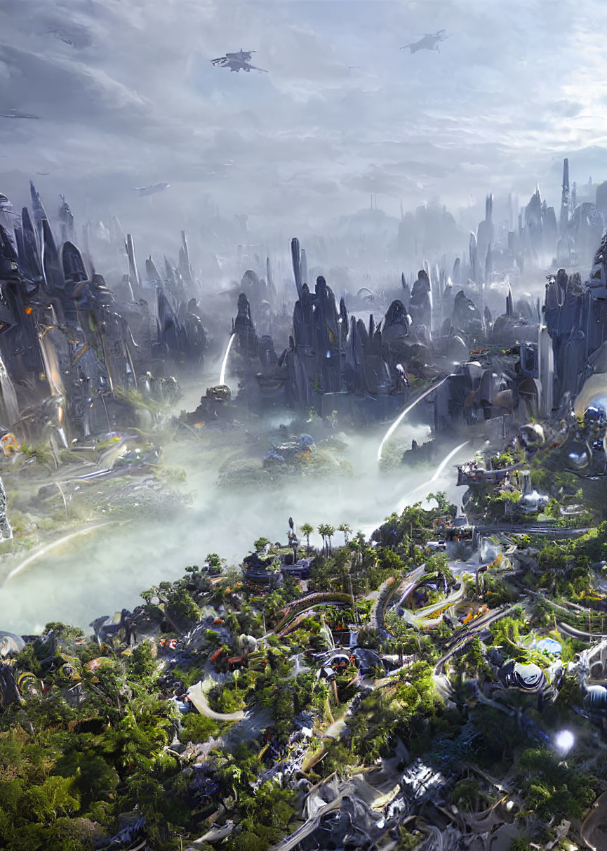Futuristic cityscape with towering spires and flying vehicles