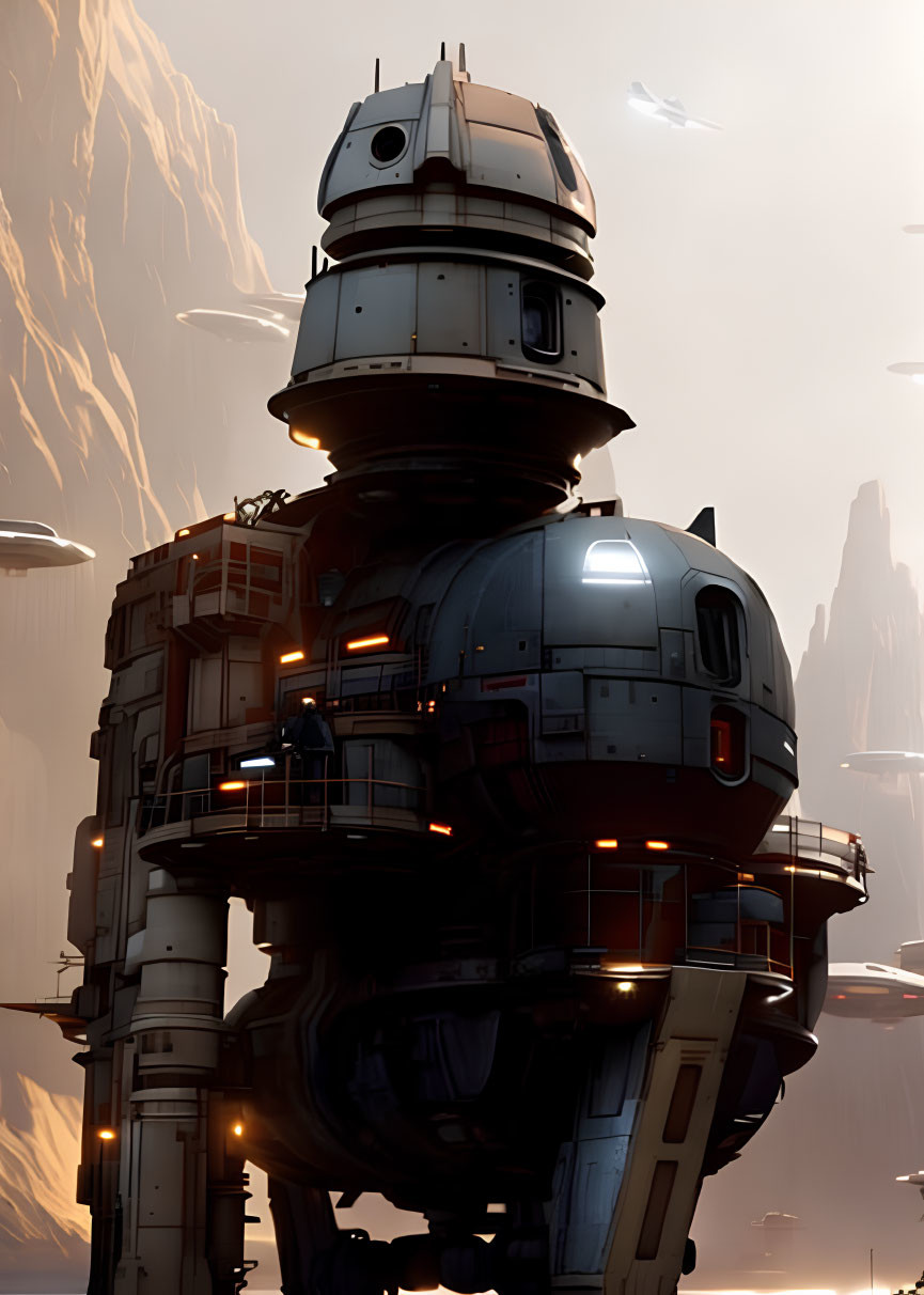Futuristic tower with platforms and ships in orange sky