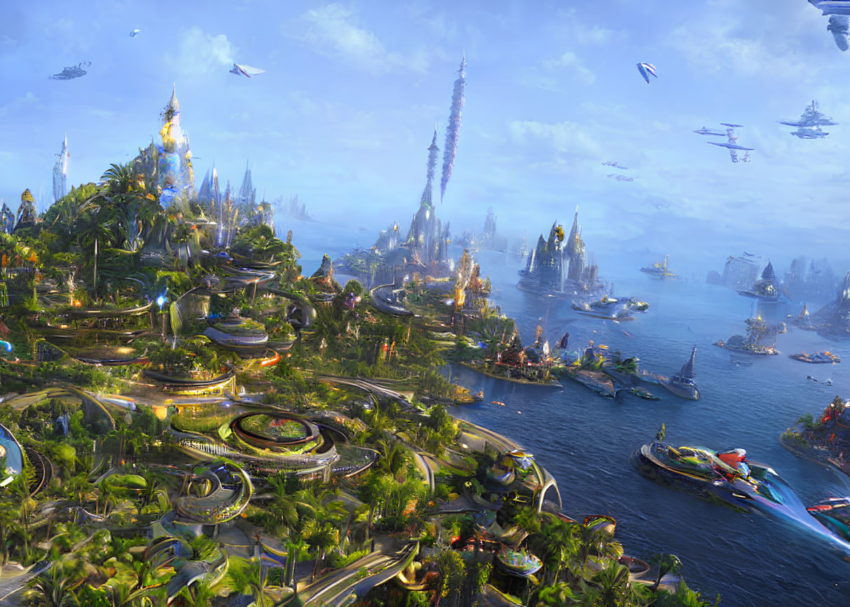 Futuristic cityscape with greenery, spires, and flying vehicles