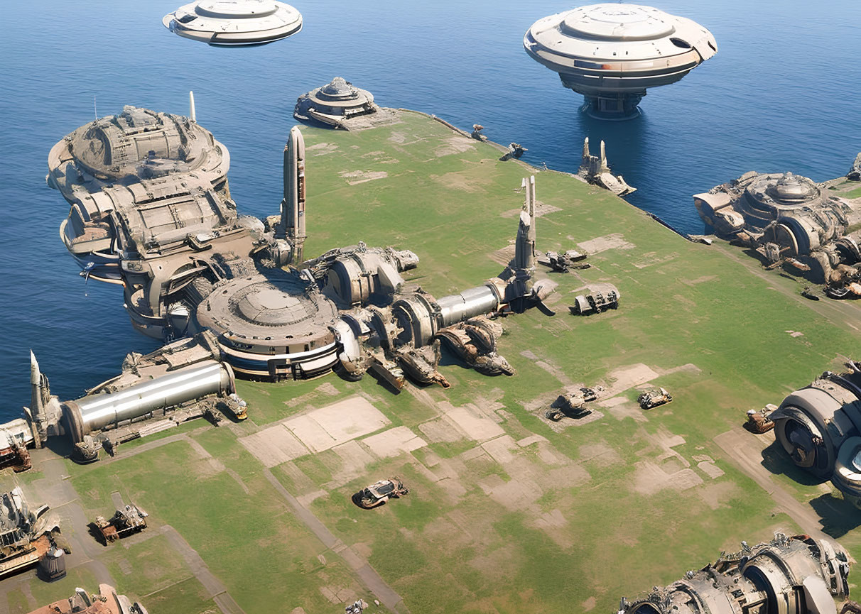 Futuristic offshore complex with dome-like structures and towers on platform.