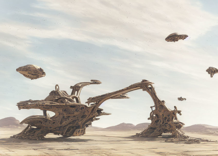 Desolate landscape with derelict structure and floating ships above arid ground