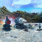 Futuristic sci-fi scene with spacecraft and bustling cityscape