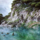 Tranquil landscape with waterfalls, emerald lake, lush greenery