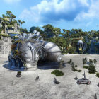 Futuristic silver spaceship-like structure in desolate alien landscape