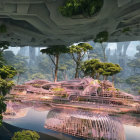 Futuristic city with organic architecture and lush greenery reflected in serene water