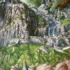 Fantastical landscape with waterfalls, castles, tree, and wandering figures