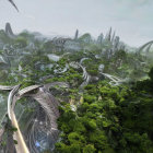 Futuristic cityscape with organic architecture and elevated roadways in lush green setting.