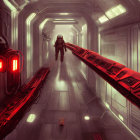 Futuristic dimly lit corridor with glowing red lights