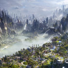 Futuristic cityscape with towering spires and flying vehicles