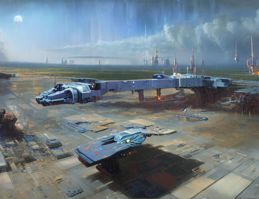 Futuristic spaceport with ships, platforms, and towering structures under hazy sky