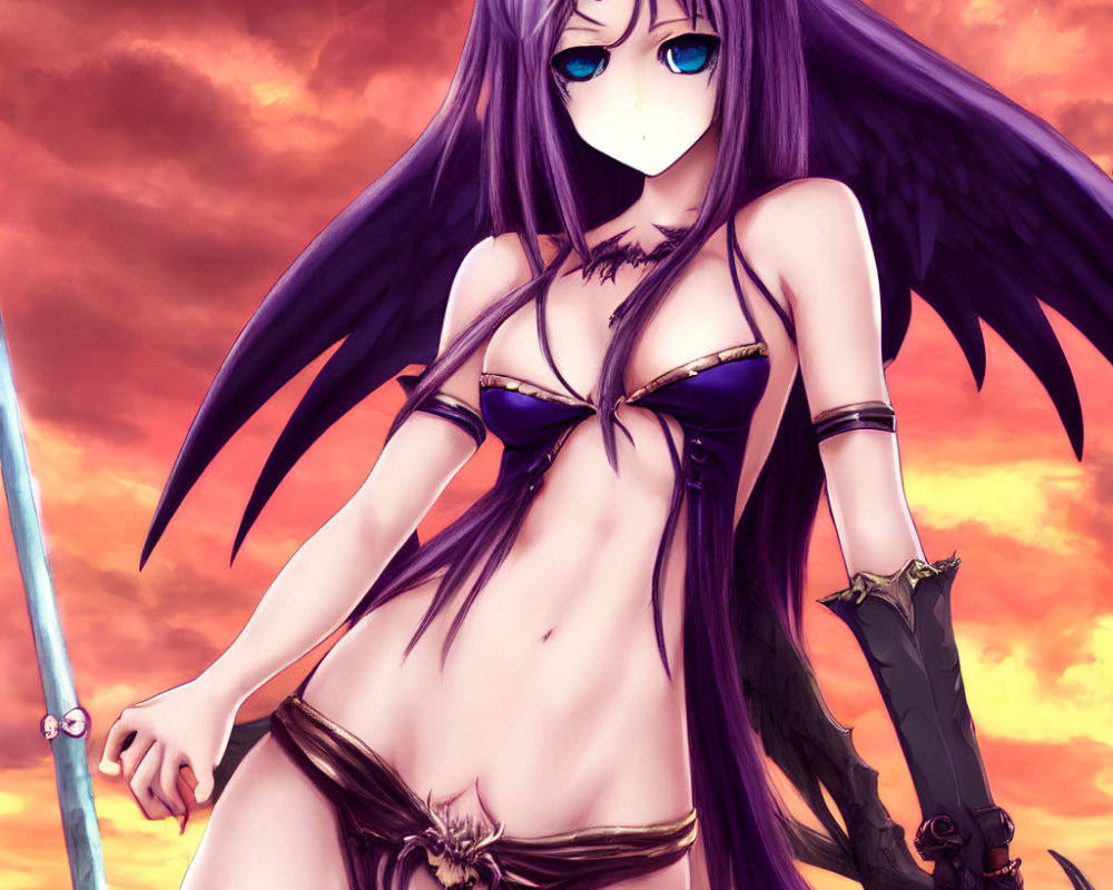 Purple-haired anime character in fantasy bikini armor with wings and horn against fiery sky