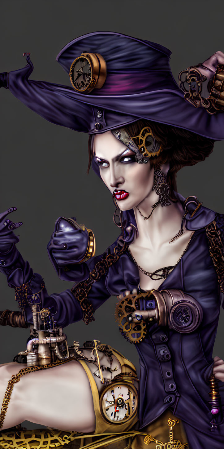 Steampunk female pirate with mechanical arm and tricorn hat.