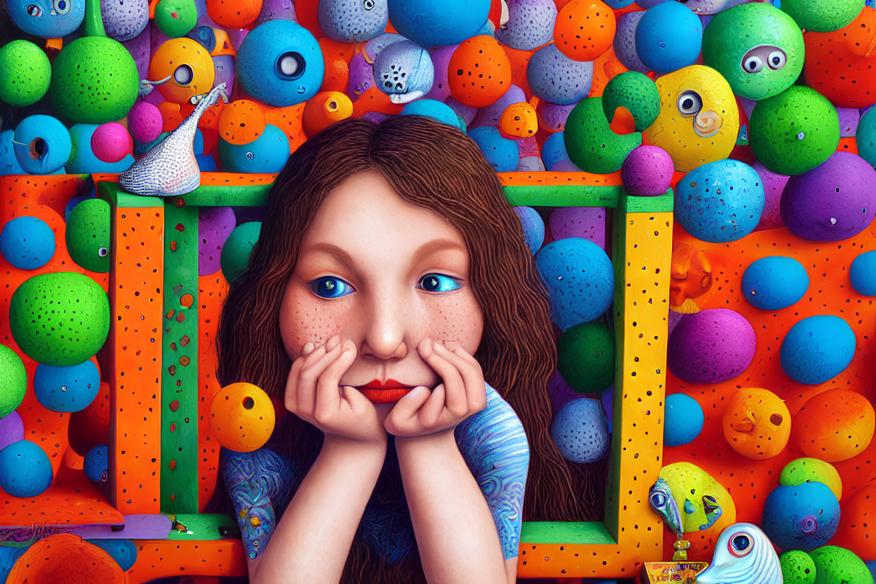 Colorful digital artwork: Girl with hands on chin among whimsical cartoon balls