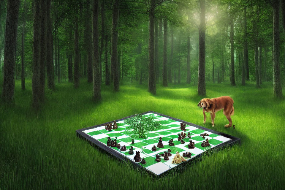Dog Walking Along Nature-Themed Chessboard in Forest Setting