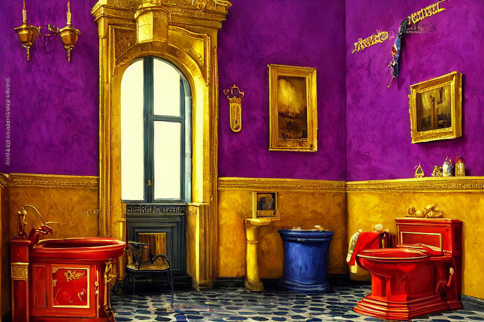 Colorful Bathroom with Purple Walls, Gold Trim, Red Fixtures, Blue Toilet, Decorative Frames