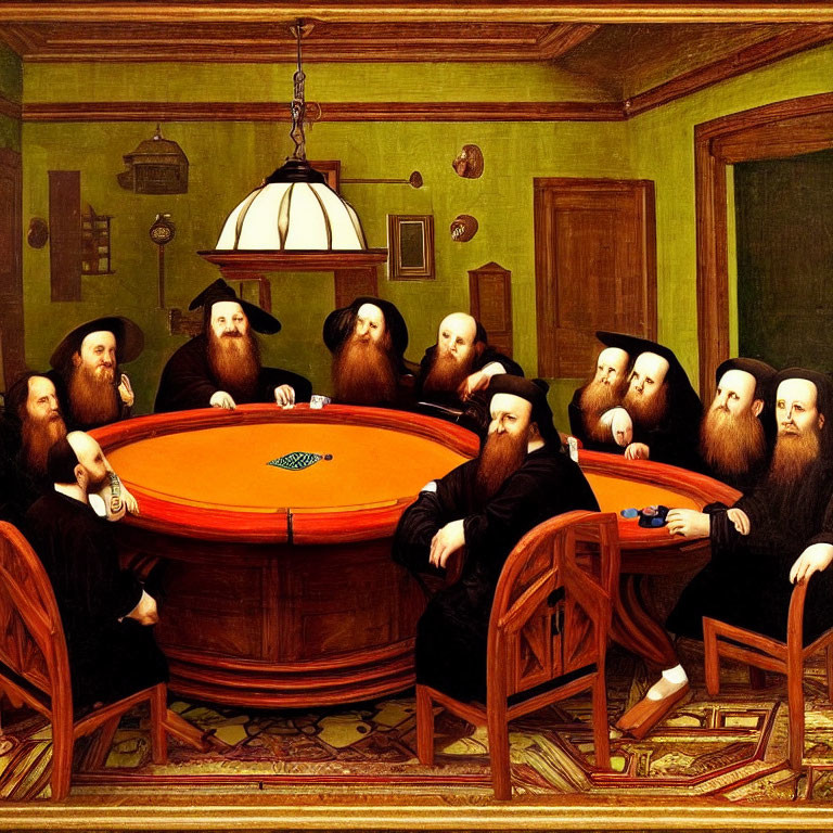 Bearded men in black hats playing poker at green table