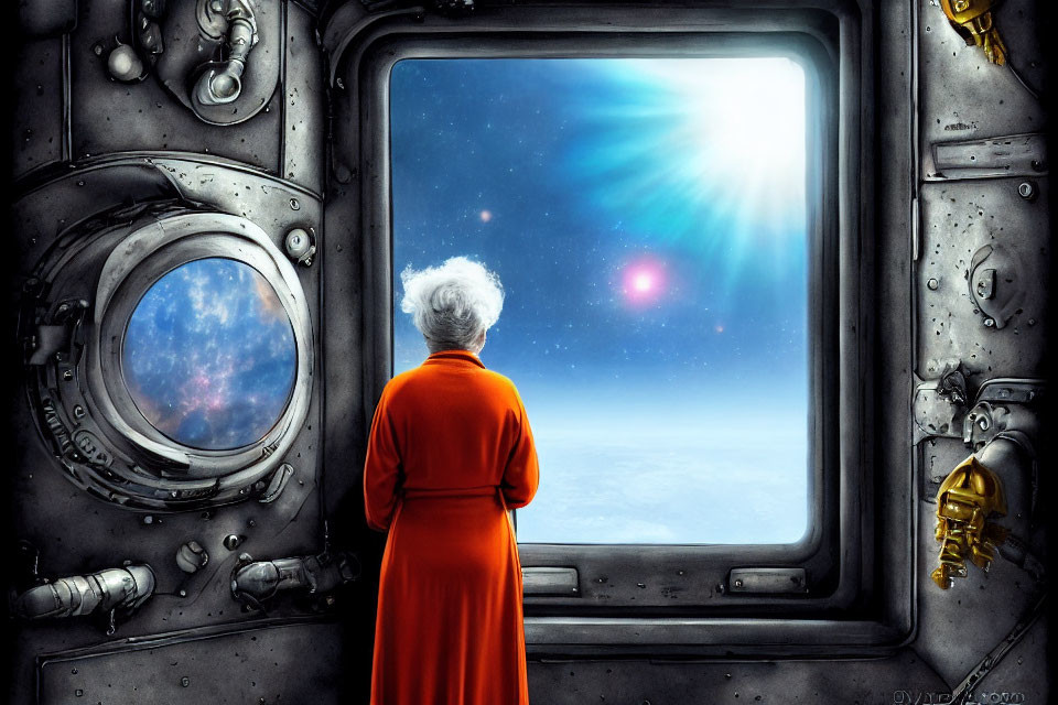White-Haired Person in Red Garment Observing Star and Planet from Spacecraft