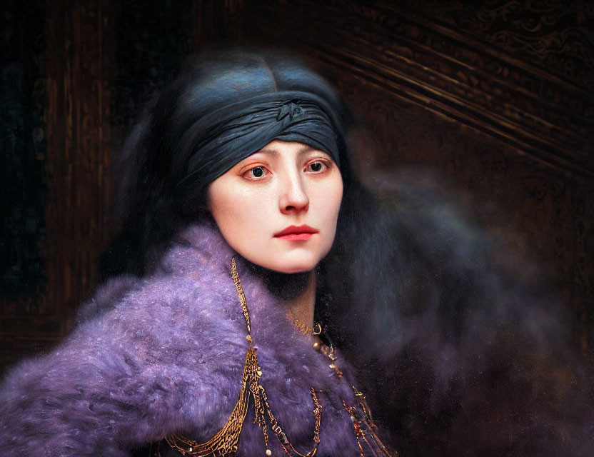 Woman in Blue Headwrap, Purple Fur Coat, and Golden Necklace on Dark Background