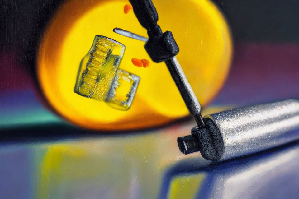 Realistic painting of syringe with droplet on vibrant background
