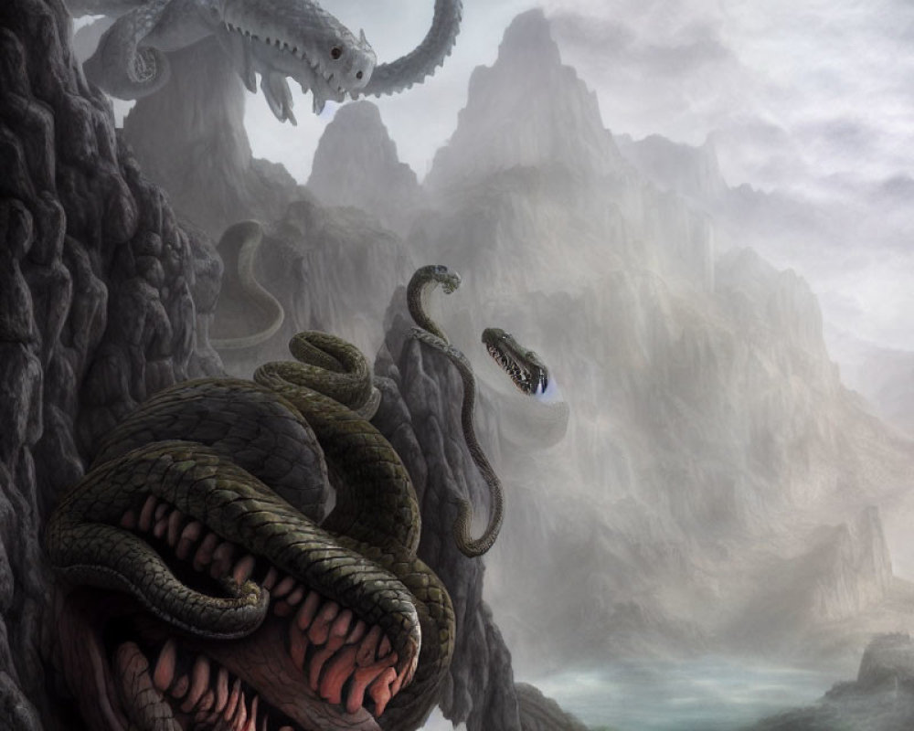 Mythical serpent-like creature with multiple heads in foggy mountain scene