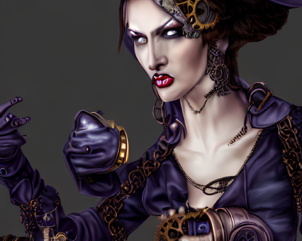 Steampunk female pirate with mechanical arm and tricorn hat.