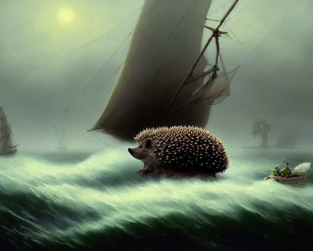 Giant hedgehog floats on ocean waves with sailing ships under misty, sunlit sky