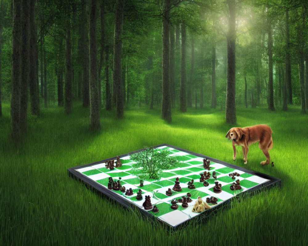 Dog Walking Along Nature-Themed Chessboard in Forest Setting