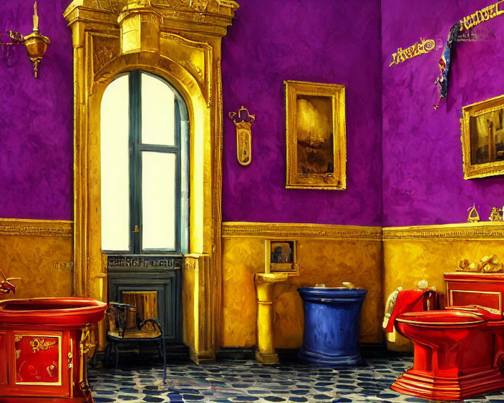 Colorful Bathroom with Purple Walls, Gold Trim, Red Fixtures, Blue Toilet, Decorative Frames