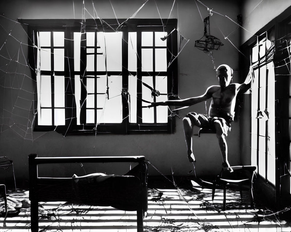 Monochromatic image of a stylized room with large windows, cobwebs, figure with staff,