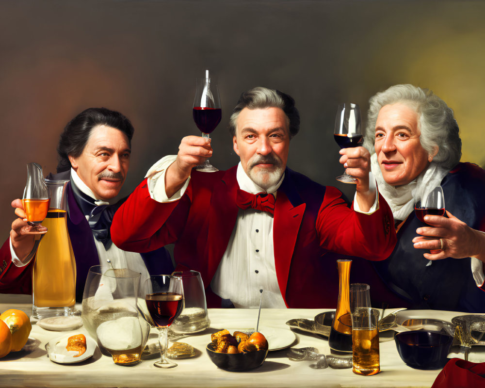 Elegantly dressed individuals toasting with wine and spirits at a festive table