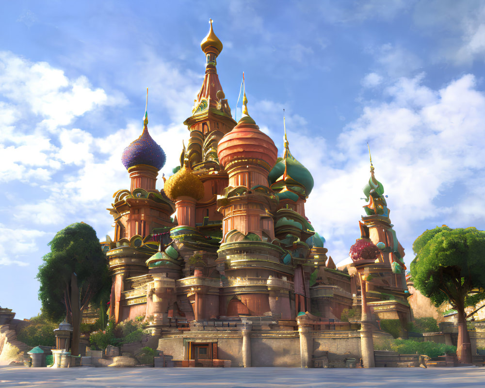 Colorful whimsical castle with onion domes and spires in a fairy tale setting