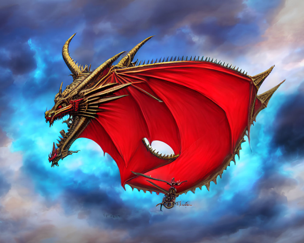 Red dragon with large wings and sharp horns flying in cloudy sky