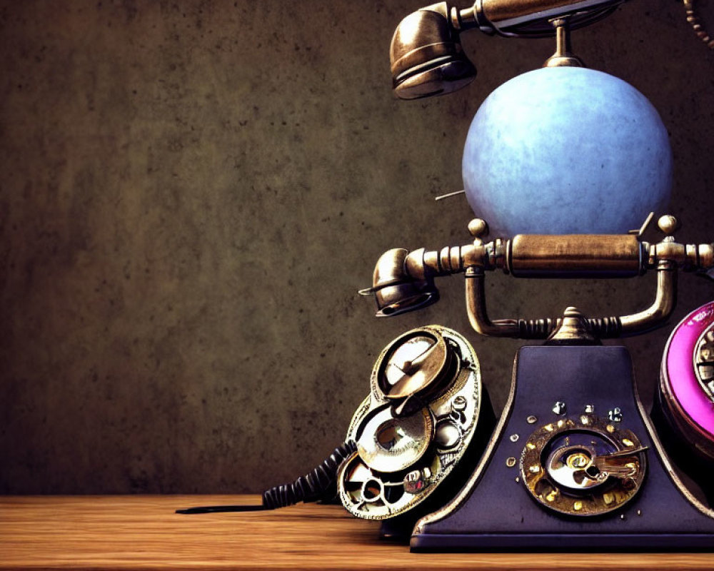 Vintage Telephone with Blue Sphere Receiver and Ornate Metal Details on Wooden Surface Against Dark Textured Background