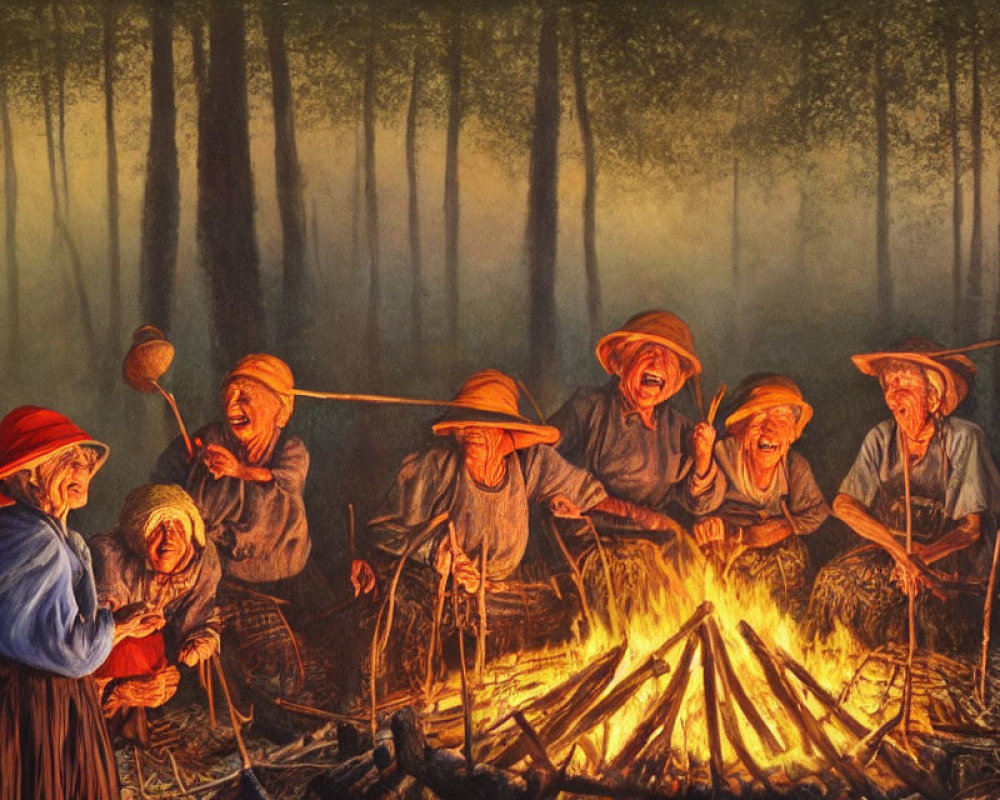 Animated elderly characters in conical hats chat around campfire