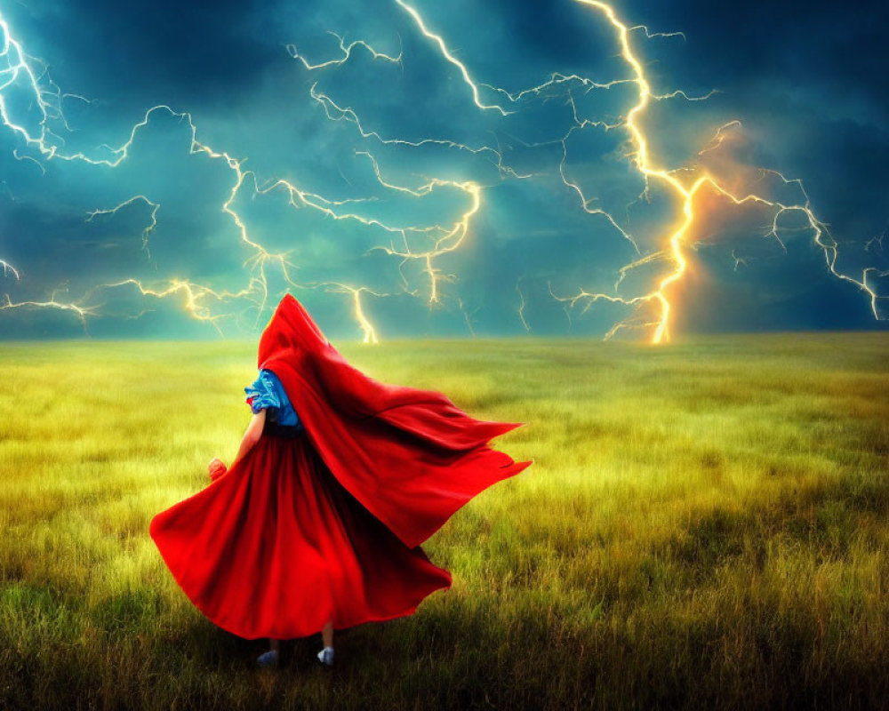 Person in Red Cape Standing in Field with Dramatic Lightning Strike