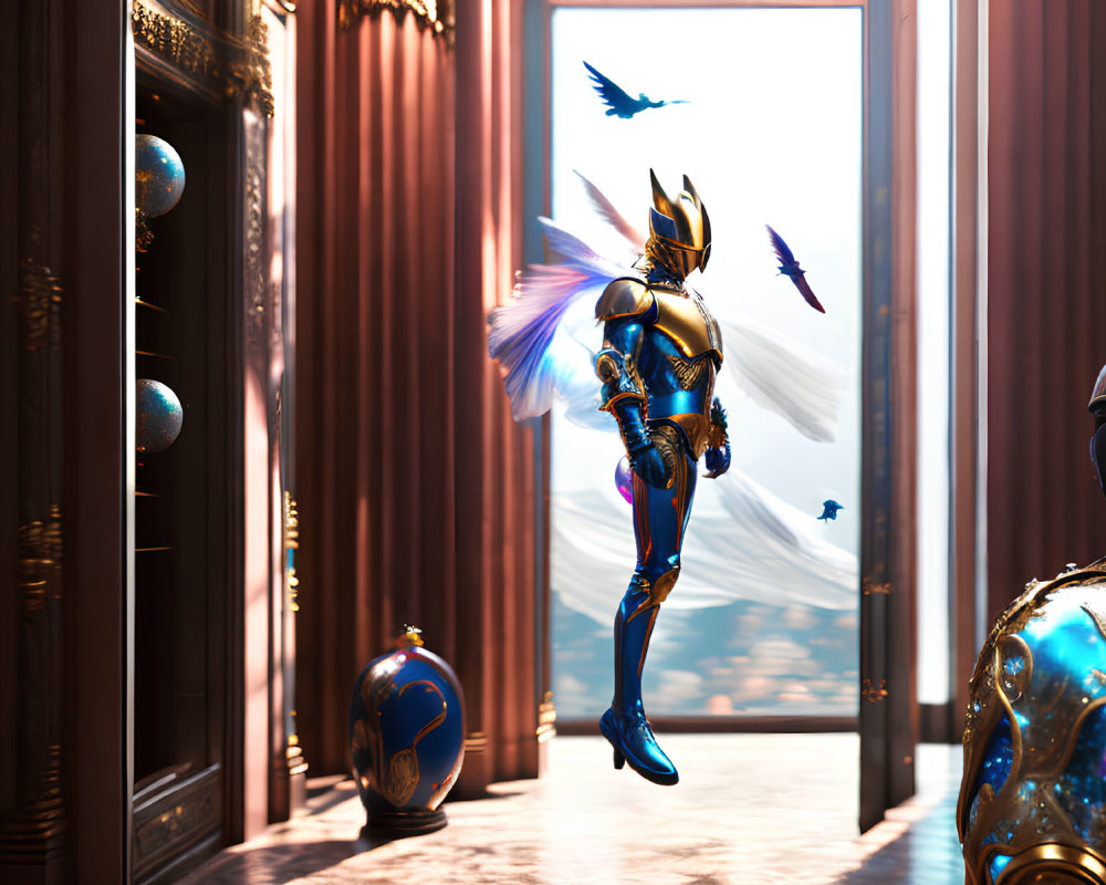 Golden-armored knight levitates in grand hall with ornate columns and bluebirds.