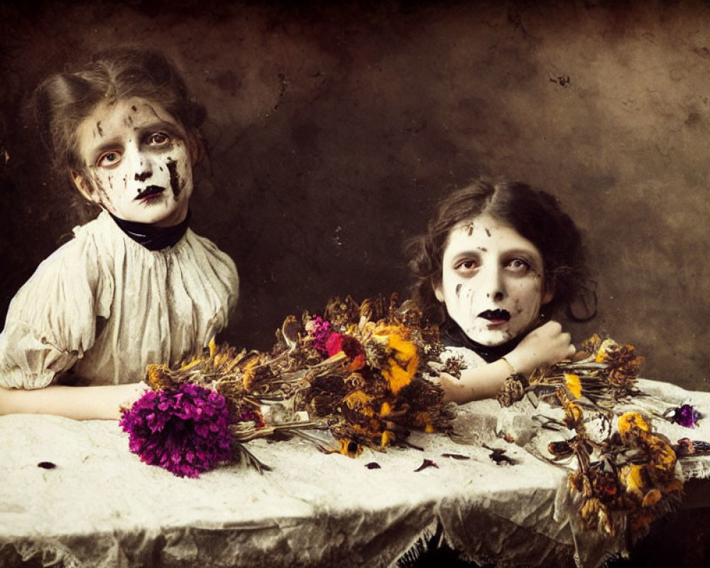 Children with white-painted faces and dark eyes at table with wilted flowers