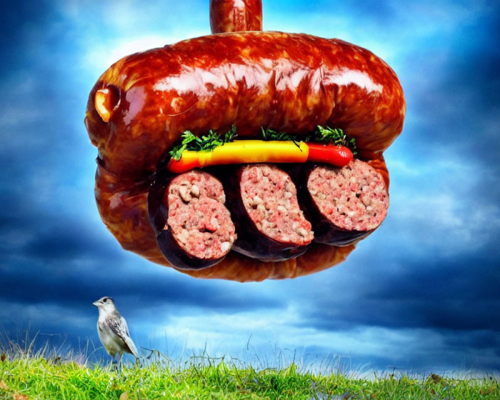 Large sausage with cut sections, bird, grass, dramatic sky.