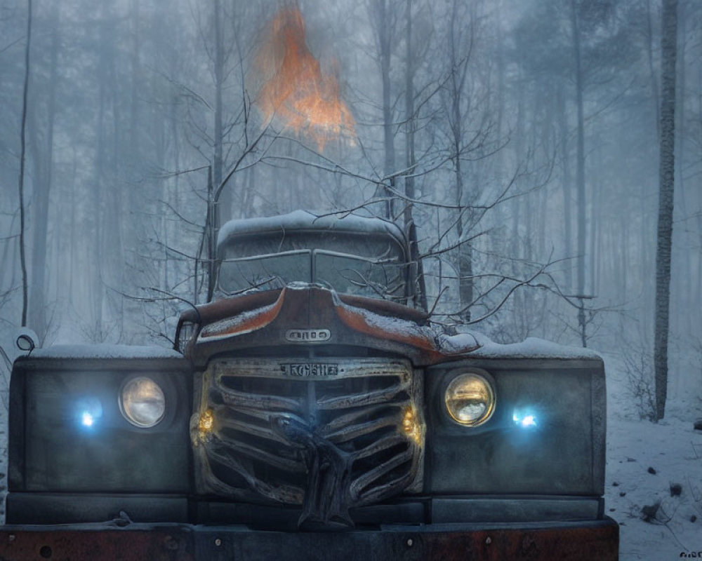 Rusty truck with headlamps on and flame in snowy forest