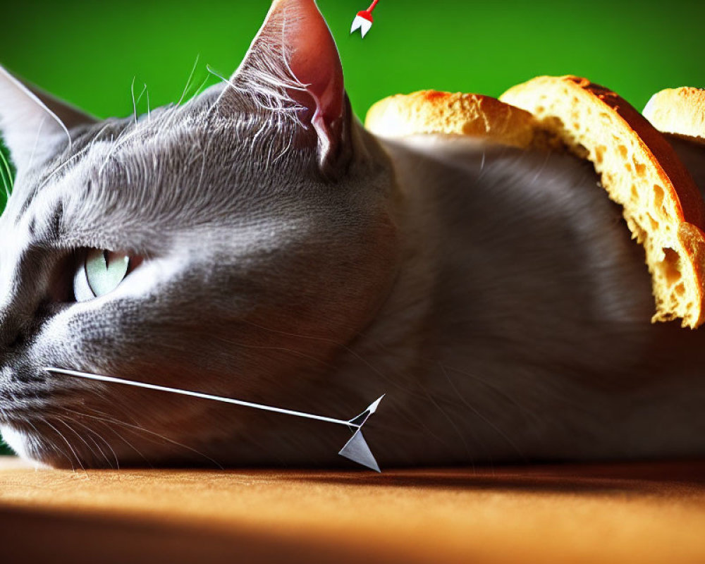 Grey Cat Lying Down with Bread Behind, Optical Illusion