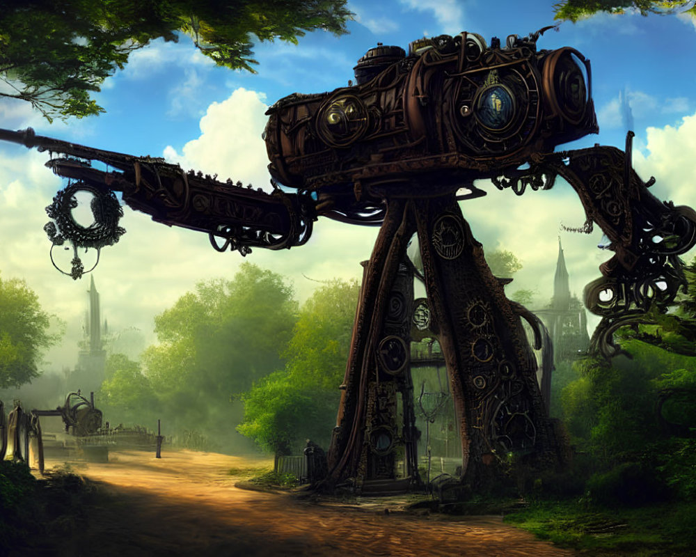 Steampunk-style mechanical walker in lush forest setting