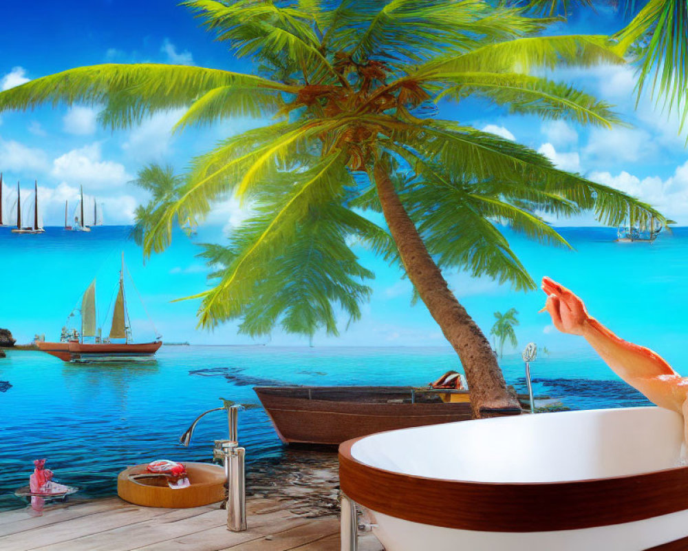 Person relaxing in outdoor bathtub near tropical beach with palm trees and sailboats