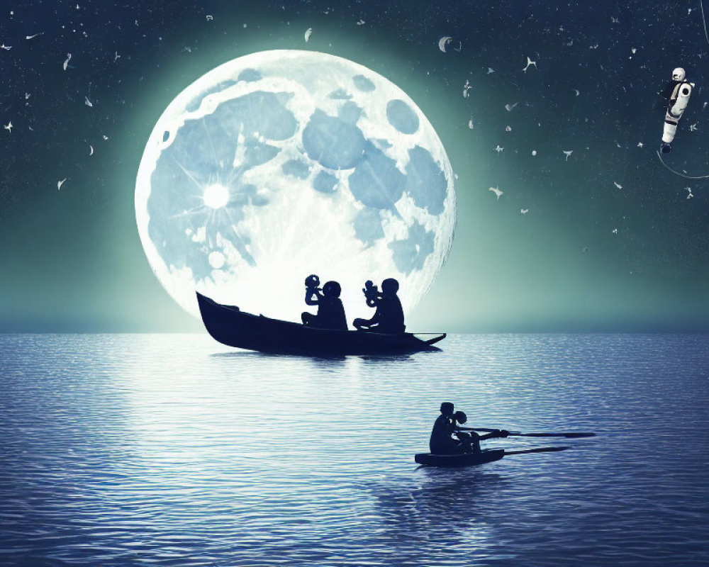 Silhouetted Canoe, Kayak, Moon, and Astronaut Scene
