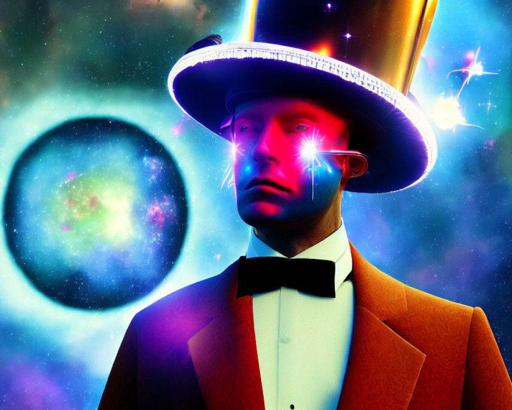 Surreal portrait of man with top hat and glowing eyes amid cosmic backdrop