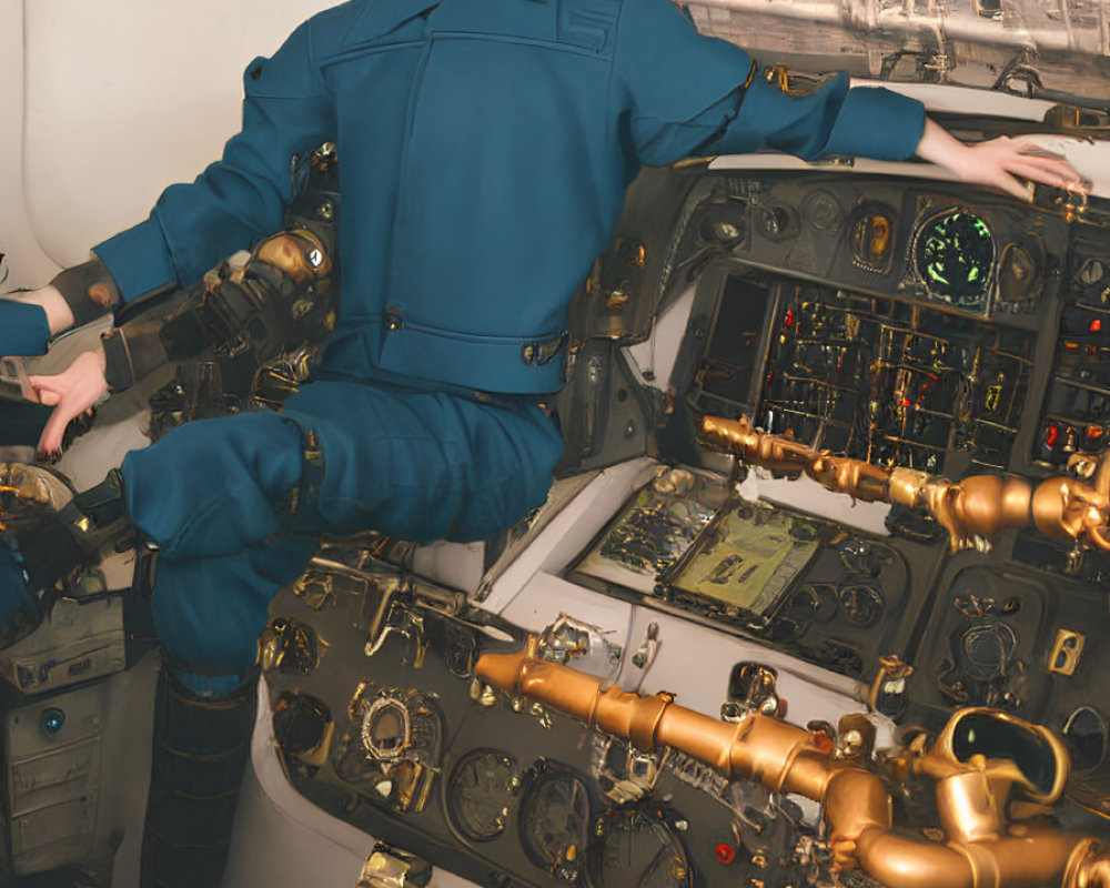 Pilot in futuristic uniform surrounded by mechanical arms in cockpit